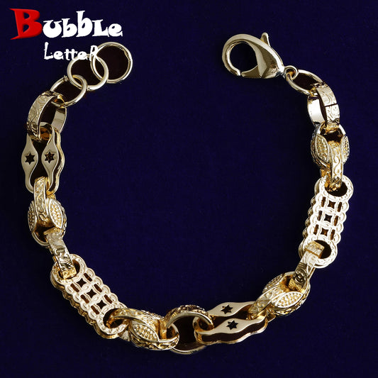 Bubble Letter Iced Out Star Bar Tulip Link Bracelet Choker for Men Real Gold Plated Cubic Zirconia Hip Hop Jewelry