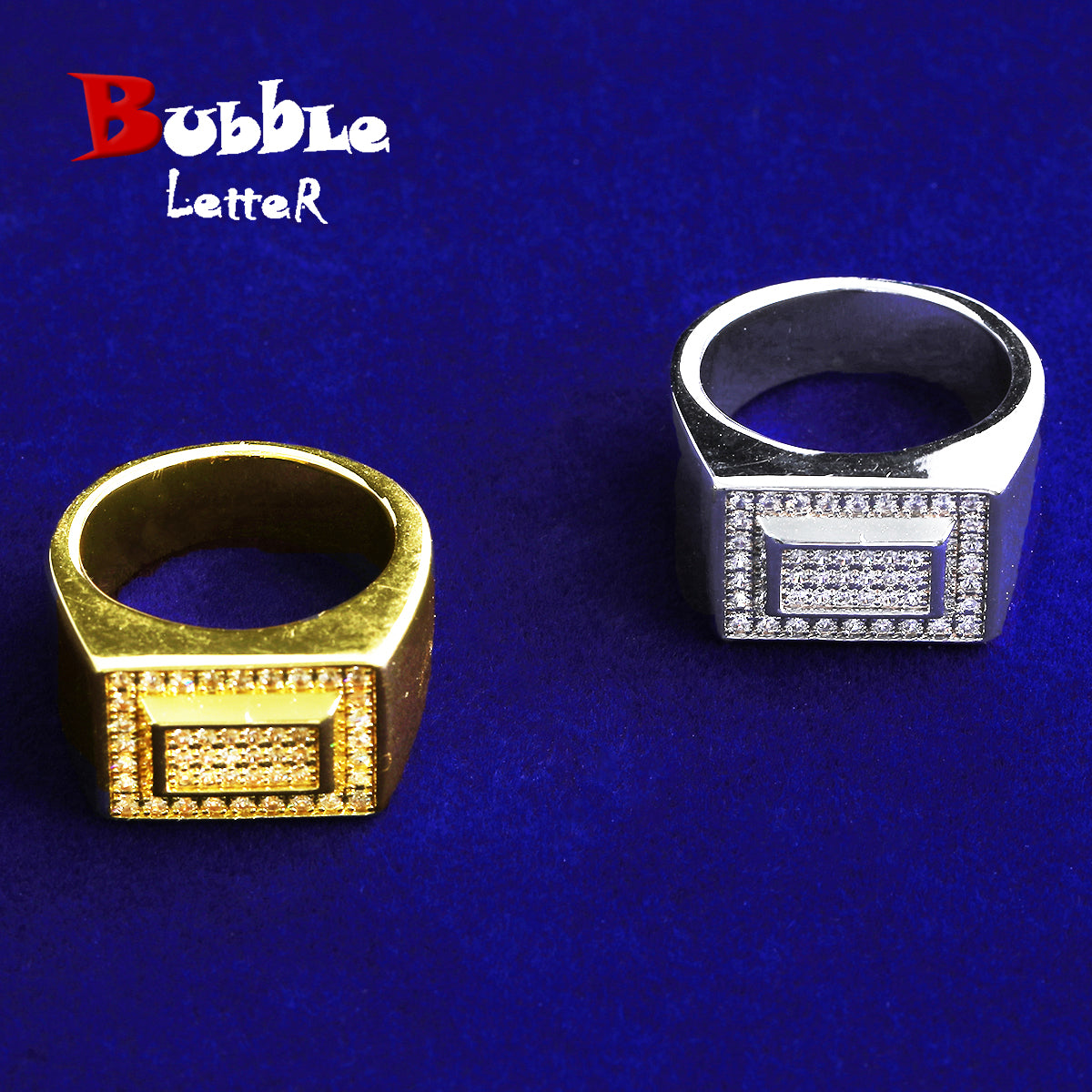 Bubble Letter Iced Out Double Rectangle Ring for Men Real Gold Plated Cubic Zirconia Hip Hop Jewelry