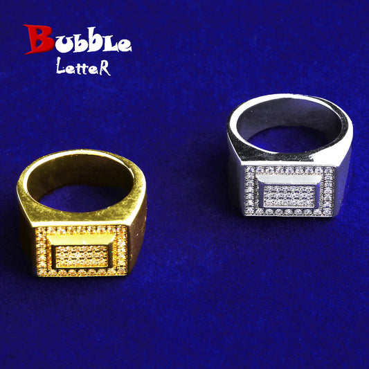 Bubble Letter Iced Out Double Rectangle Ring for Men Real Gold Plated Cubic Zirconia Hip Hop Jewelry