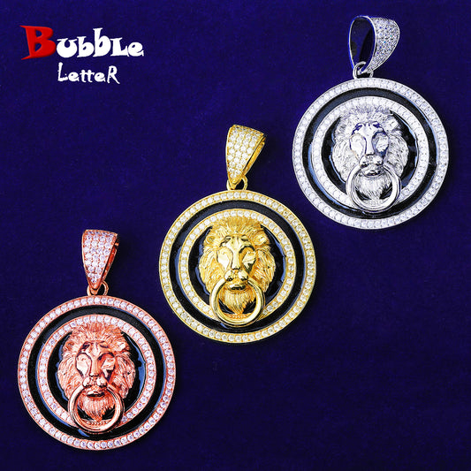 Bubble Letter Iced Out Lion Lock Circle Necklace Pendant for Men 5A Cubic Zirconia Gold Plated Hip Hop Jewelry