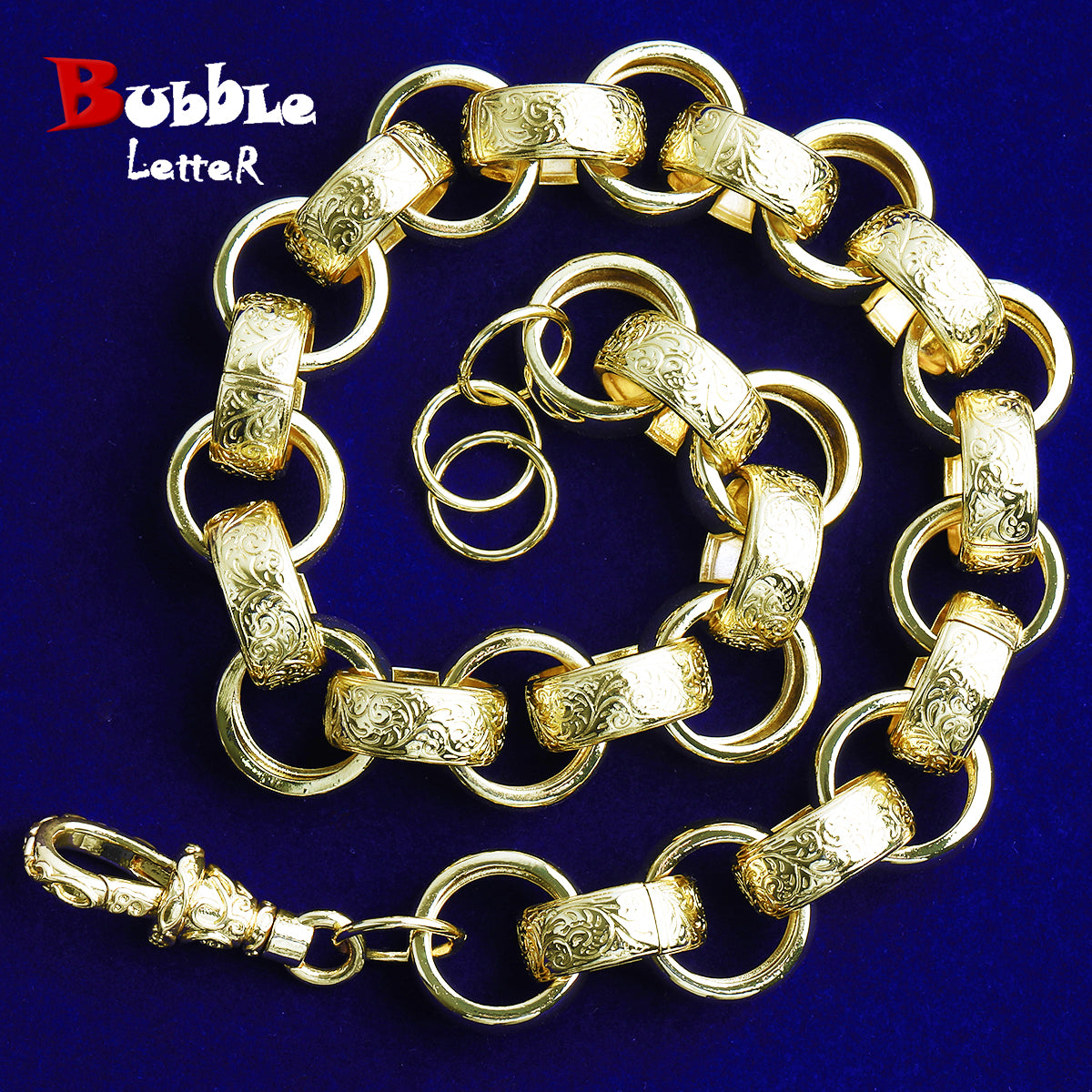 Bubble Letter Semi Pattered Circle Belcher Link Chain for Men Real Gold Plated Hip Hop Jewelry