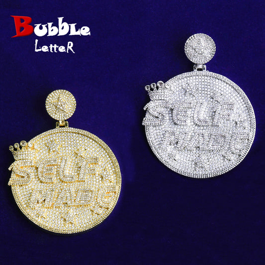 Bubble Letter Iced Out Self Made Dics Necklace Pendant for Men 5A Cubic Zirconia Gold Plated Hip Hop Jewelry