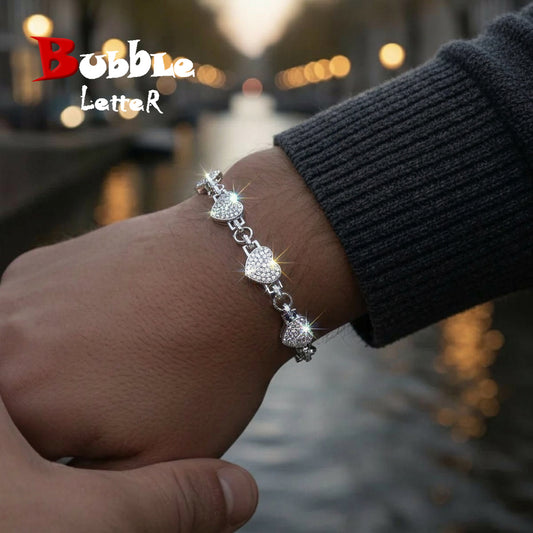 Bubble Letter Belcher Heart Link Bracelet for Men Real Gold Plated Copper Cubic Zirconia Hip Hop Jewelry