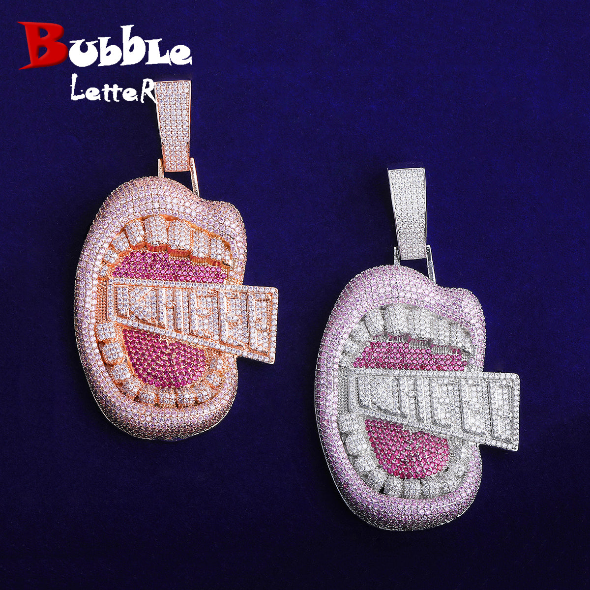 Bubble Letter Iced Out Big Mouth for Men Colgante Kheee Oro 5A Cubic Zirconia Copper Gold Plated Hip Hop Jewelry