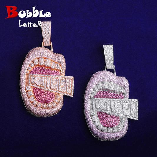 Bubble Letter Iced Out Big Mouth for Men Colgante Kheee Oro 5A Cubic Zirconia Copper Gold Plated Hip Hop Jewelry