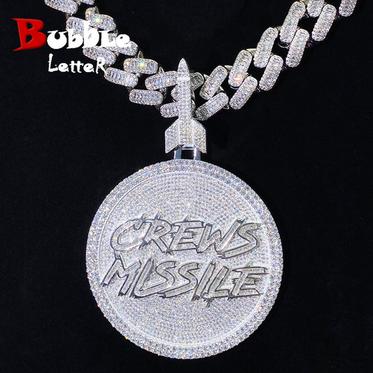 Bubble Letter Sterling Silver 925 VVS Moisanite Iced Out Big Solid Disc Rocket Bail Necklace Pendant for Men Hip Hop Jewelry