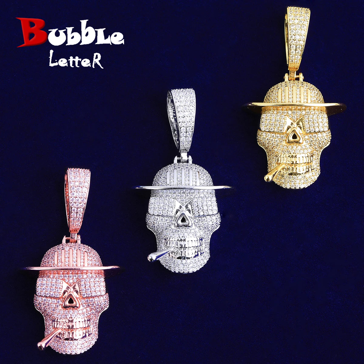 Bubble Letter Iced Out Skull Sigarette Necklace Pendant for Men Real Gold Plated 5A Grade Hip Hop Jewelry