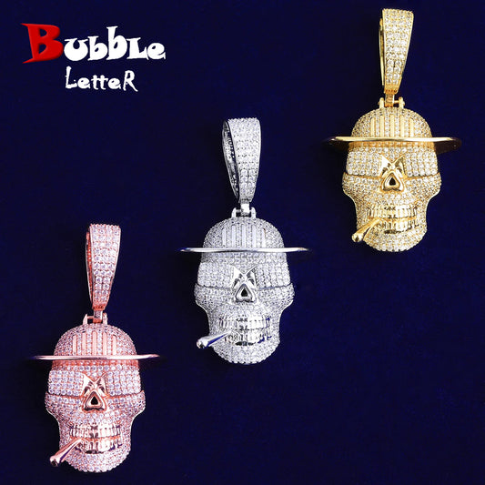 Bubble Letter Iced Out Skull Sigarette Necklace Pendant for Men Real Gold Plated 5A Grade Hip Hop Jewelry