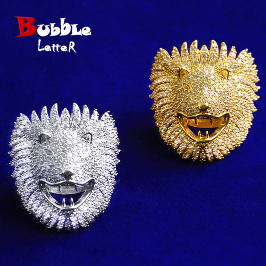 Bubble Letter Iced Out Lion Head Ring for Men Real Gold Plated Cubic Zirconia Hip Hop Jewelry