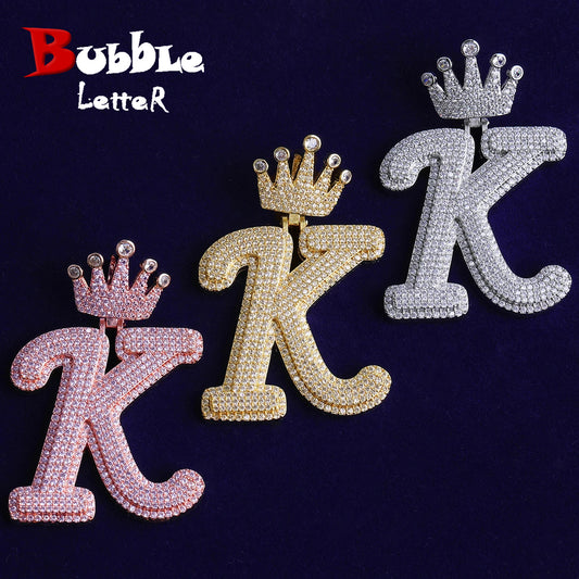 Bubble Letter Iced Out Initial Letter K Crown Bail for Men Necklace Pendant Real Gold Plated Cubic Zirconia Hip Hop Jewelry