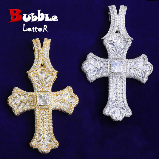 Bubble Letter Iced Out Cross Necklace Pendant for Men 5A Cubic Zirconia Gold Plated Hip Hop Jewelry