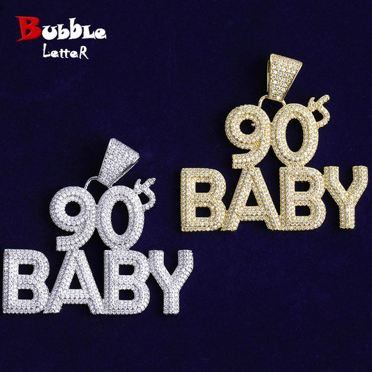 Bubble Letter Iced Out 90s Baby Necklace Pendant for Men Real Gold Plated Hip Hop Jewelry