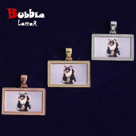 Bubble Letter Iced Out Rectangle Custom Photo Necklace Pendant for Men Real Gold Plated Cubic Zirconia Hip Hop Jewelry