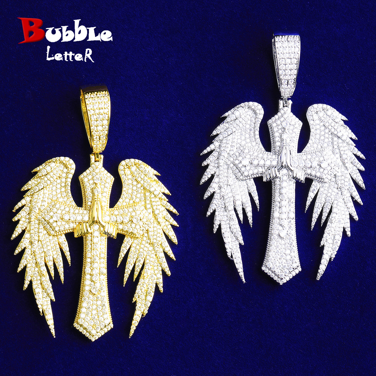 Bubble Letter Iced Out Cross Wing Jesus Necklace Pendant for Men 5A Cubic Zirconia Hip Hop Jewelry