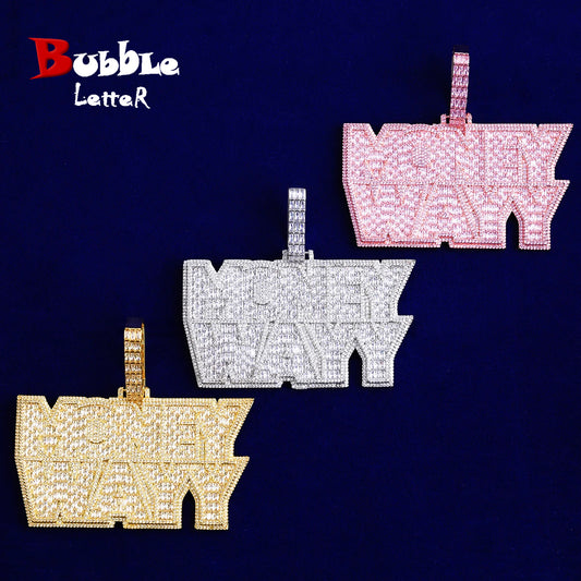Bubble Letter Iced Out Money Wayy Necklace Pendant for Men Prong Setting Real Gold Plated Hip Hop Jewelry