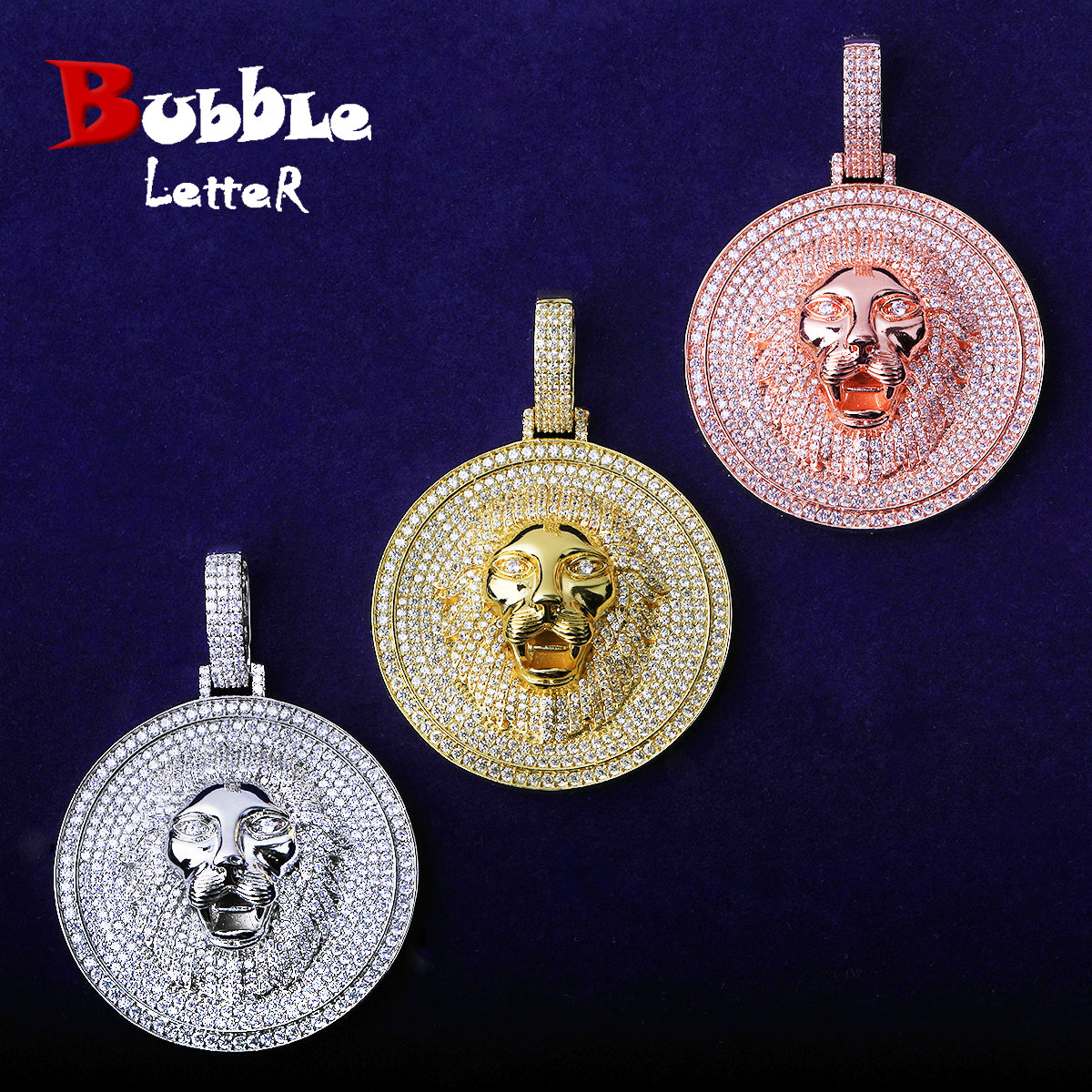 Bubble Letter Iced Out Lion Head Disc Necklace Pendant for Men 5A Cubic Zirconia Gold Plated Hip Hop Jewelry