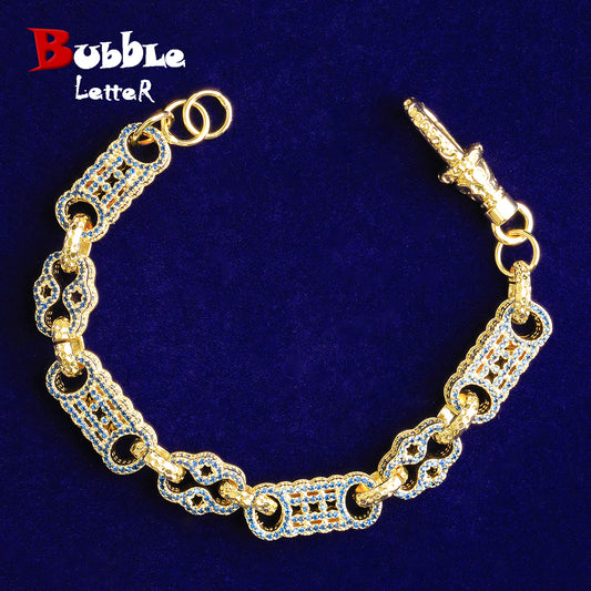 Bubble Letter Iced Out Gold Watch Belt Link Bracelet for Men Real Gold Plated Cubic Zirconia Hip Hop Jewelry