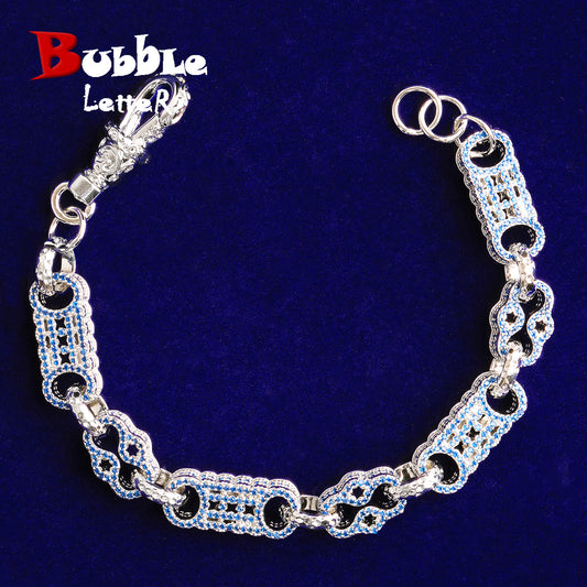 Bubble Letter Iced Out Blue Stones Star Bar Link Bracelet for Men Real Copper Cubic Zirconia Gold Plated Hip Hop Jewelry