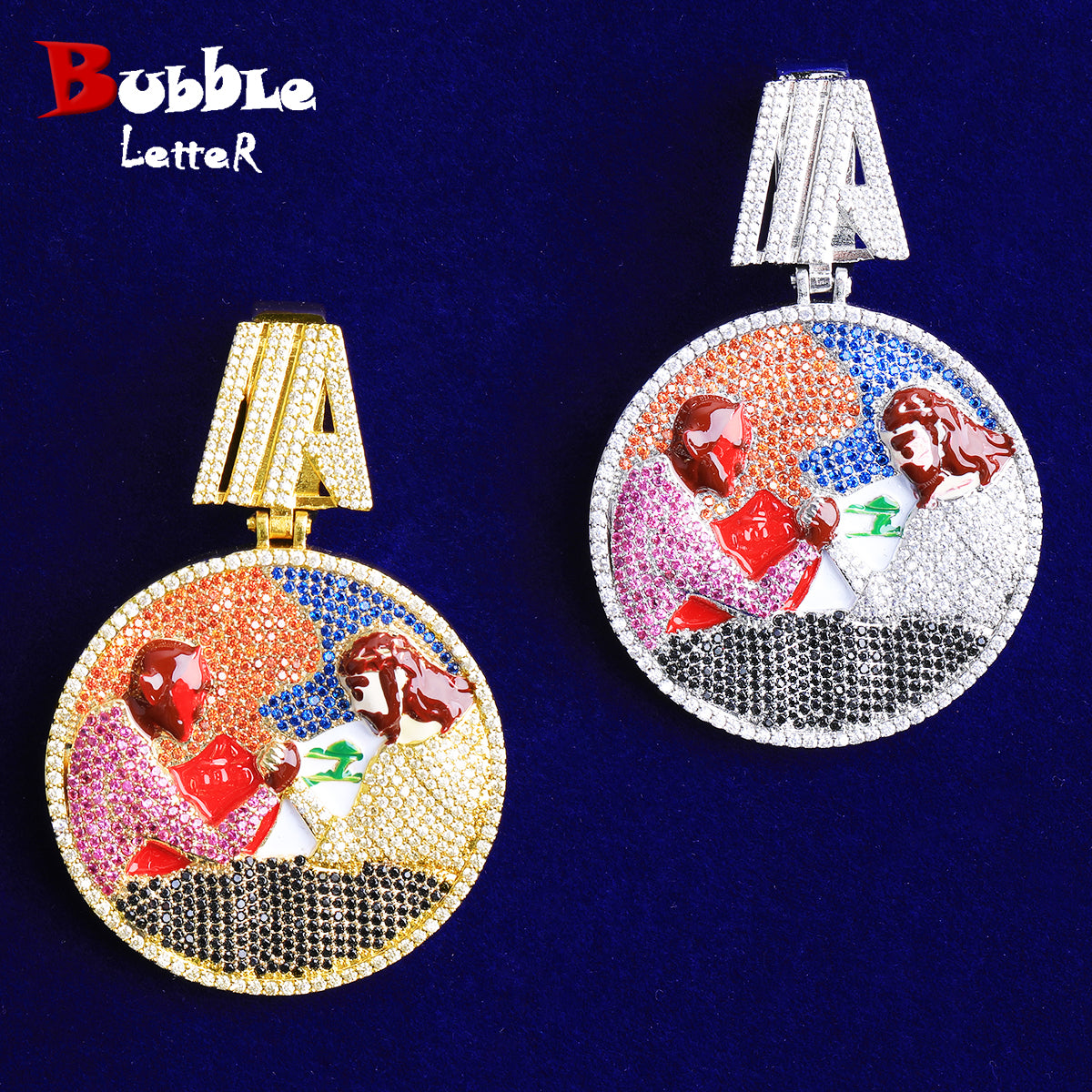 Bubble Letter Iced Out Arm Wrestling Circle Necklace Pendant for Men 5A Cubic Zirconia Hip Hop Jewelry