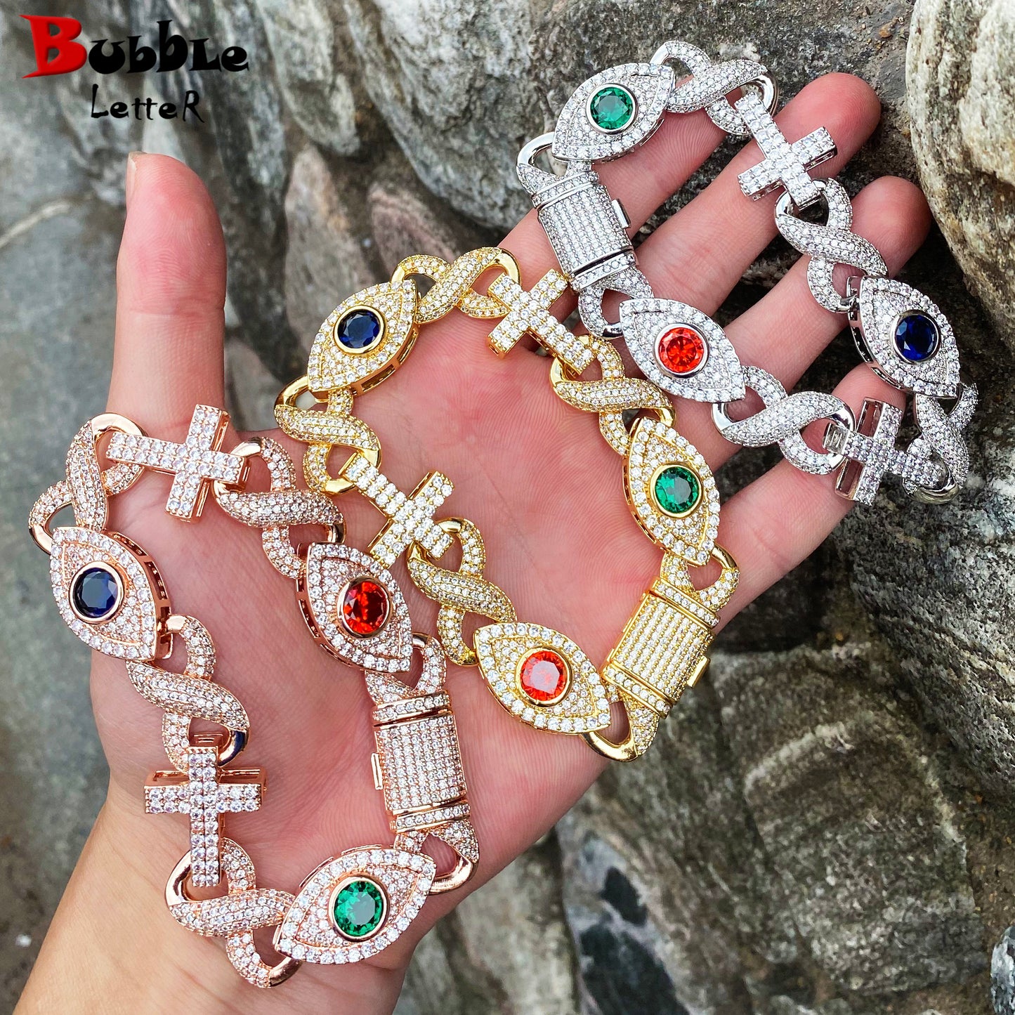 Bubble Letter Colorful Eye Infinity Cross Link Bracelet for Women Real Gold Plated Cubic Zirconia Hip Hop Jewelry