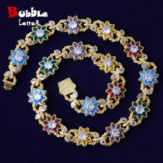 Bubble Letter Iced Out Colorful Flower leaves Necklace Choker for Women Prong Setting Real Gold Plated Hip Hop Jewelry