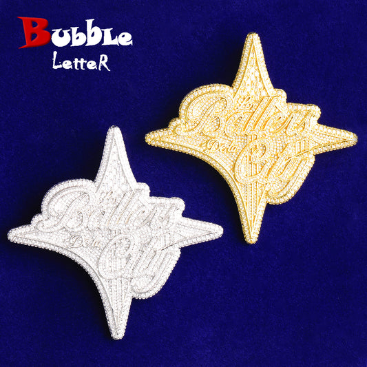 Bubble Letter Luxury Bellas De La City Necklace Pendant for Men Real Gold Plated Copper Cubic Zirconia Hip Hop Jewelry