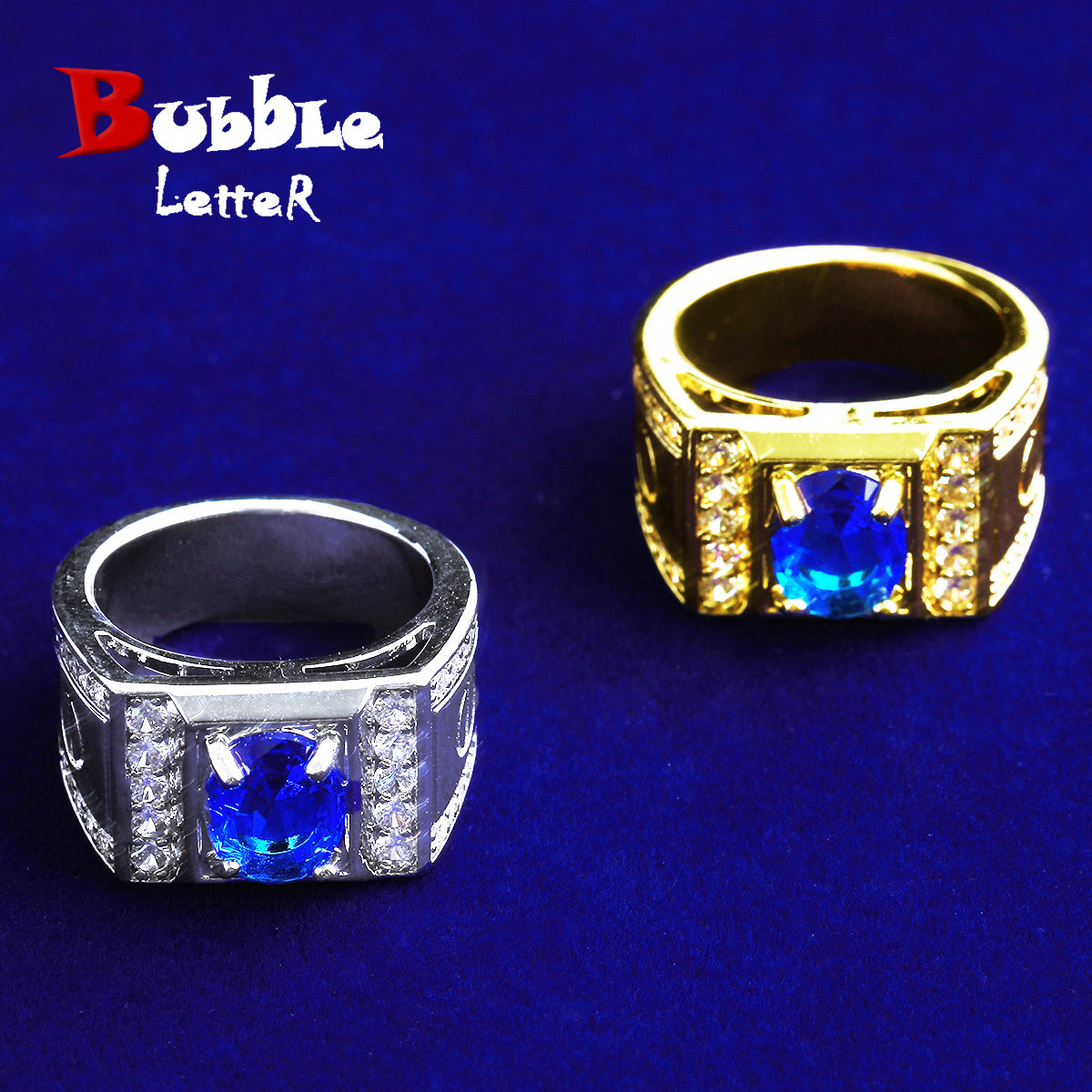 Bubble Letter Iced Out Blue Stone Ring for Men Real Gold Plated Hip Hop Jewelry