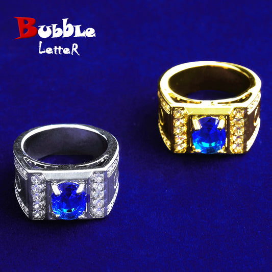Bubble Letter Iced Out Blue Stone Ring for Men Real Gold Plated Hip Hop Jewelry