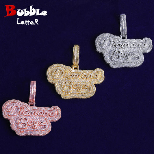 Bubble Letter Iced Out Diamond Boyz Necklace Pendant for Men Real Gold Plated Cubic Zirconia Hip Hop Jewelry