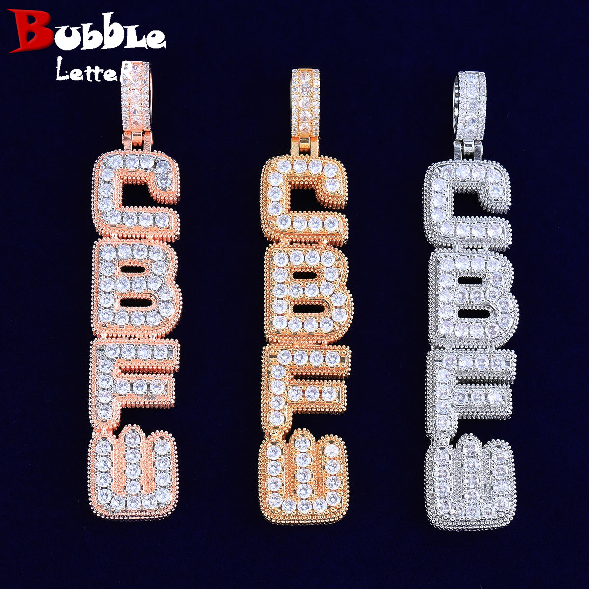 Bubble Letter Iced Out Custom Name Necklace for Men Vertical Version Prong Setting Personalized Cubic Zirconia Hip Hop Jewelry