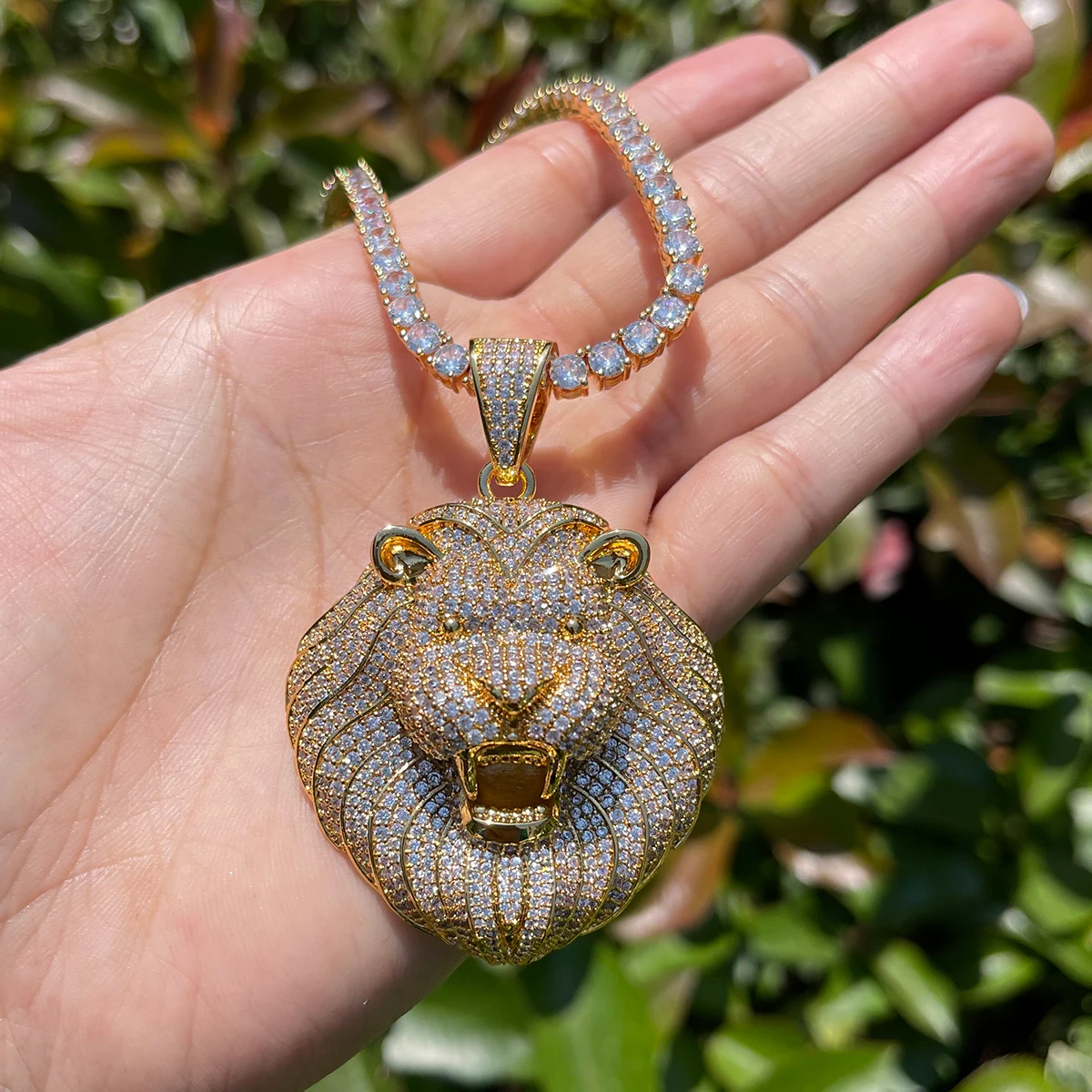 Bubble Letter Iced Out Lion Head Necklace Prong Pendant Cubic Zirconia Real Gold Plated Hip Hop Jewelry