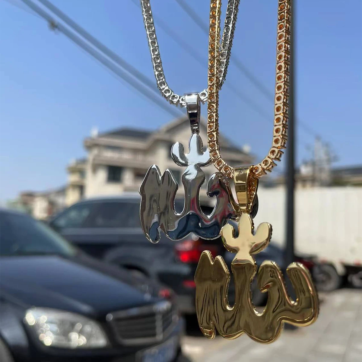 Bubble Letter Iced Out Allah Pendant Necklace Real Gold Plated Hip Hop Jewelry Unique Charms 2022 Trend