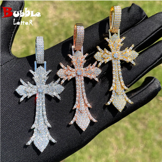 Bubble Letter Iced Out Cross Necklace Pendant for Men Real Copper Cubic Zirconia Hip Hop Jewelry