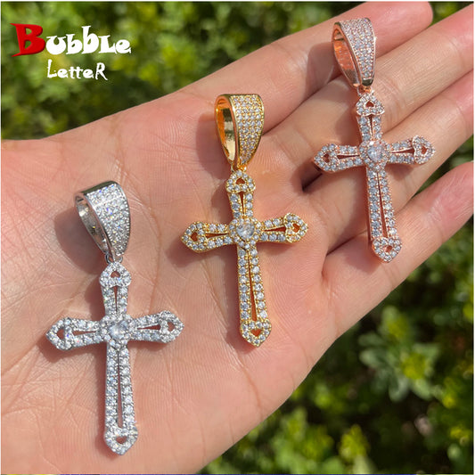 Bubble Letter Iced Out Cross Heart Pendant Necklace for Women Gold Plated Cubic Zirconia Hip Hop Jewelry