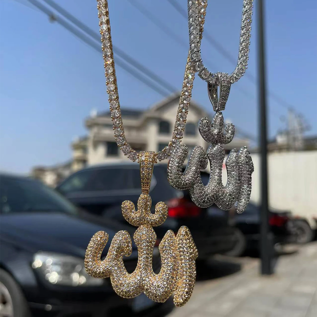 Bubble Letter Iced Out Allah Pendant Necklace Real Gold Plated Hip Hop Jewelry Unique Charms 2022 Trend