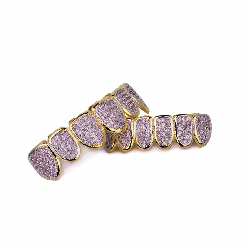 Hip Hop teeth Grillz Iced Out AAA Pink Color Zircon Fang Mouth Teeth Caps Top & Bottom Tooth Set Men Women Grills Jewelry