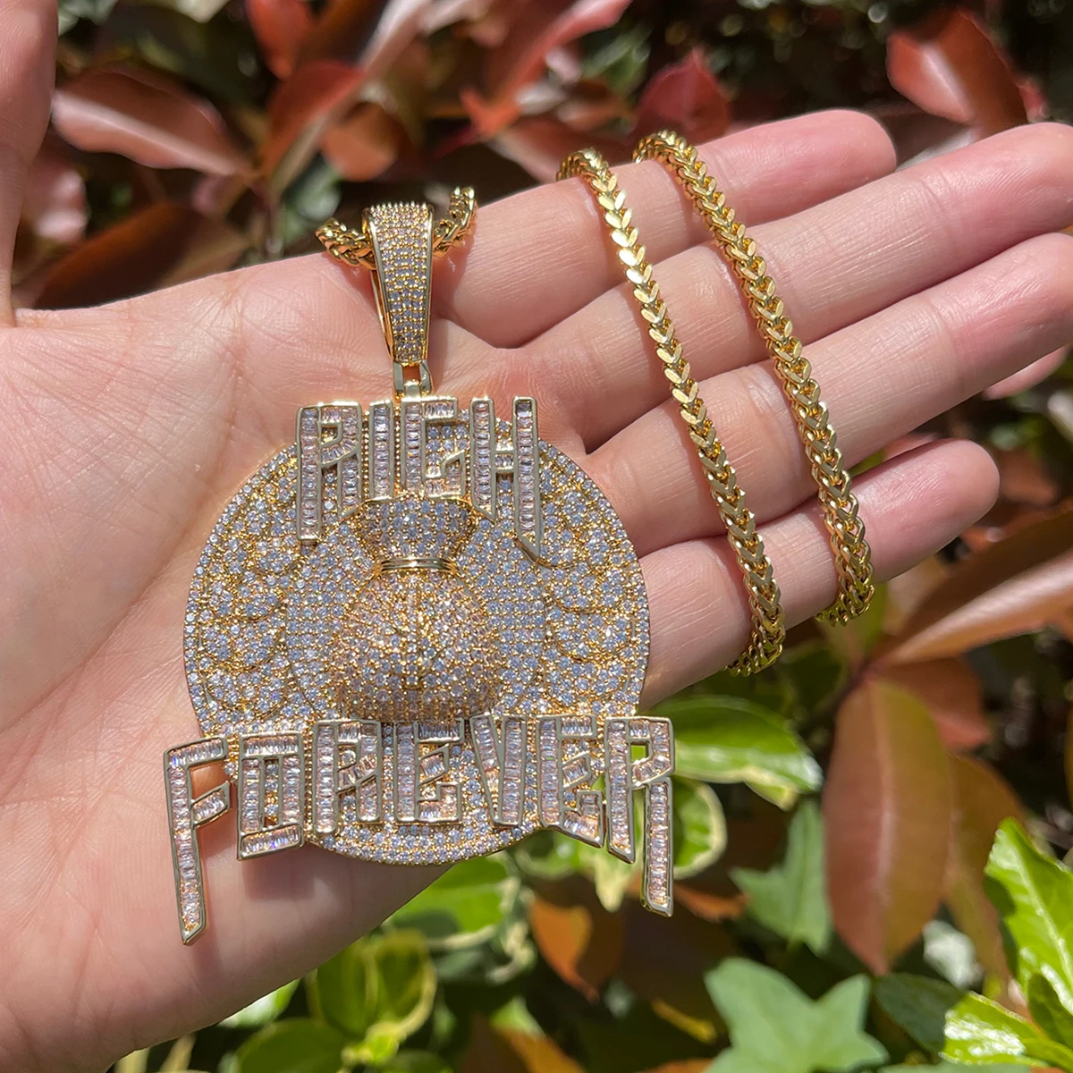 Bubble Letter Rich Forever Necklace for Men Iced Out Money Bag Pendant Real Gold Plated Bling Charms Hip Hop Jewelry