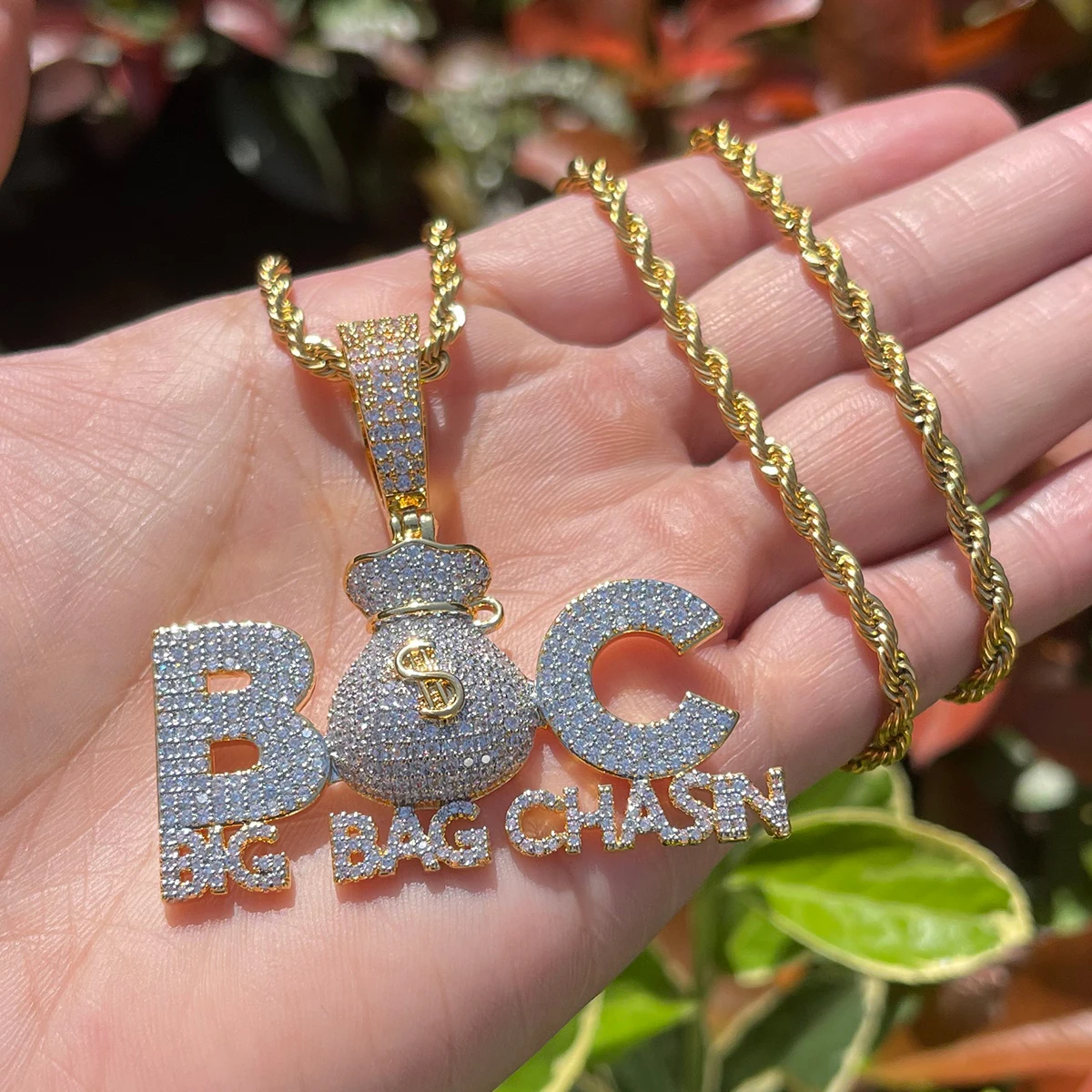 Bubble Letter Prong Necklace for Men Iced Out Pendant Big Bag Chase Charms Hip Hop Jewelry